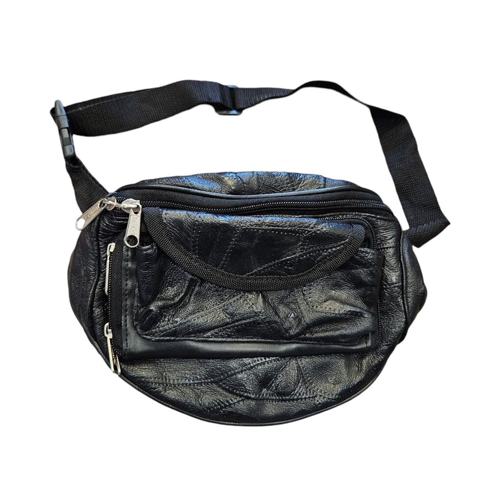 Vtg Black Leather Fanny Pack Belt Bag 90s Adjustable Zip Pockets